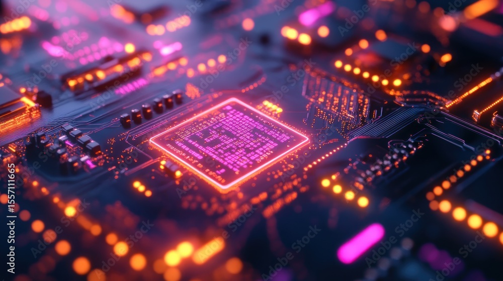 Close-up circuit board with glowing chip Close-up circuit board with glowing chip