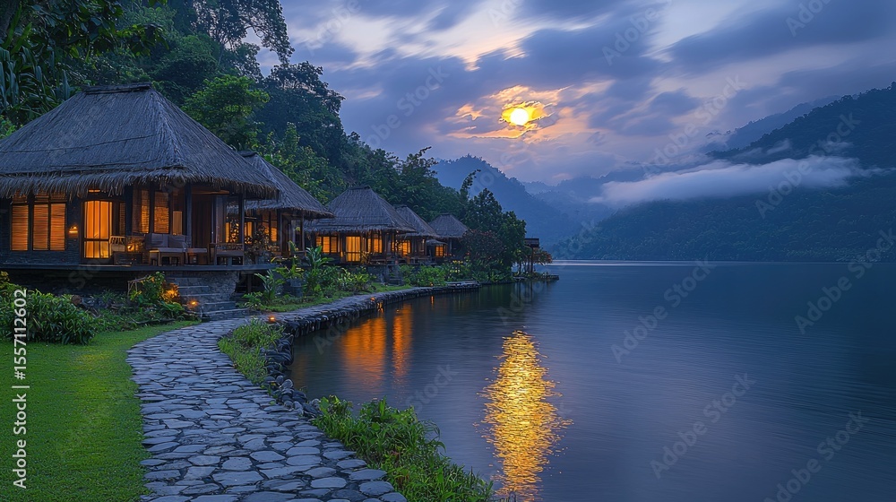 Fototapeta premium Tranquil lakefront cottages at sunset.