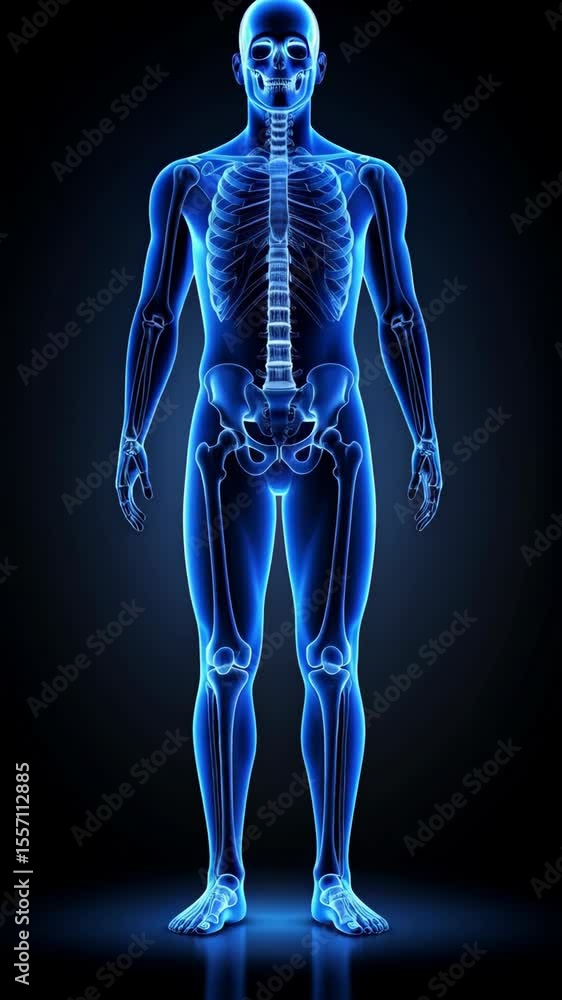 Human anatomy artwork showcases the skeletal system including the skull, spine, ribs, pelvis, arms, and legs in blue against a black background. Human anatomy artwork showcases the skeletal system including the skull, spine, ribs, pelvis, arms, and legs in blue against a black background.