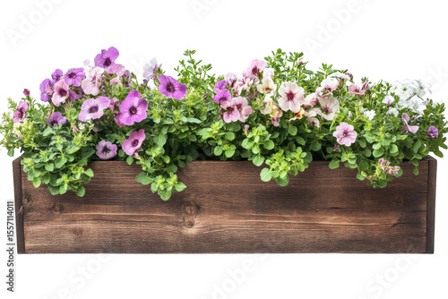 Rustic Wooden Planter Box Bursting with Spring Petunias Floral Window Box for Outdoor Garden Decor