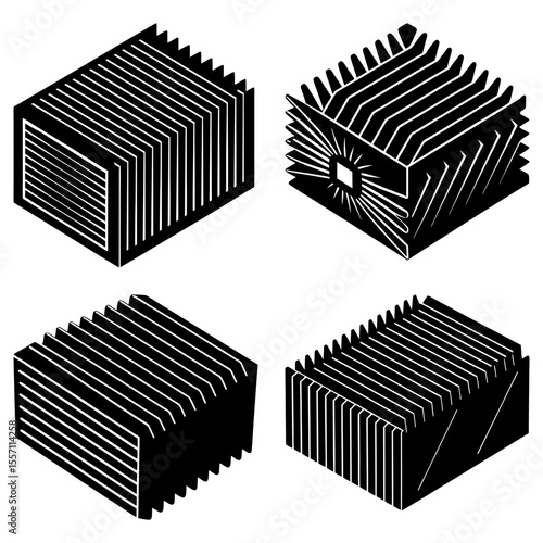 Isometric illustration showcasing four distinct heat sinks with varying fin configurations and designs