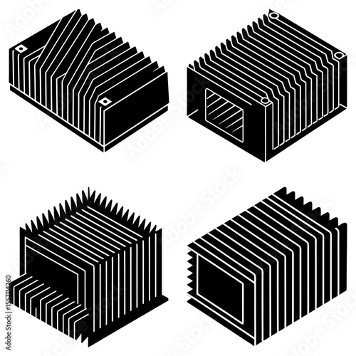 Illustration of four black and white isometric heat sinks with different fin configurations and designs