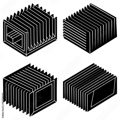 Isometric view of four black and white bellows with varying designs and perspectives on a white background