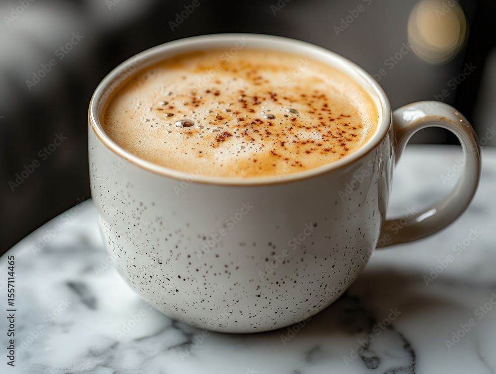 Closeup of a speckled mug filled with a frothy coffee drink dusted with brown powder resting on a marble surface Closeup of a speckled mug filled with a frothy coffee drink dusted with brown powder resting on a marble surface