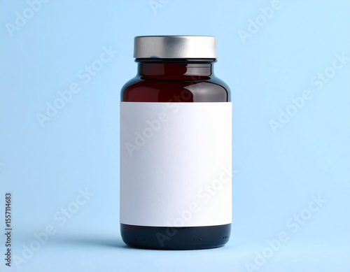 Empty dark brown glass bottle with a blank white label, studio shot against a light blue background.