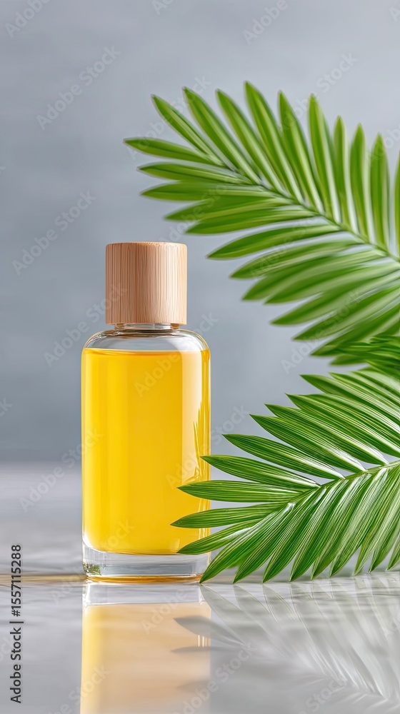 Yellow Skincare Oil Bottle with Green Palm Leaves on Marble Yellow Skincare Oil Bottle with Green Palm Leaves on Marble
