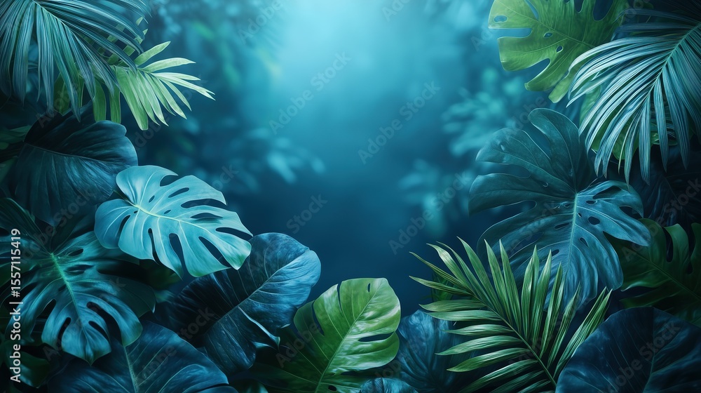 Fototapeta premium Blue Tropical Foliage Leaves Against Deep Space Cosmic Background - Abstract Nature Wallpaper Design