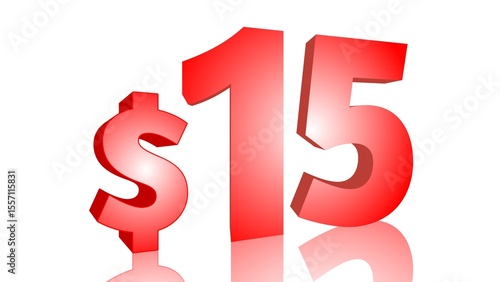 Price symbol 15$. 3D rendering of red text with dollar sign on white background