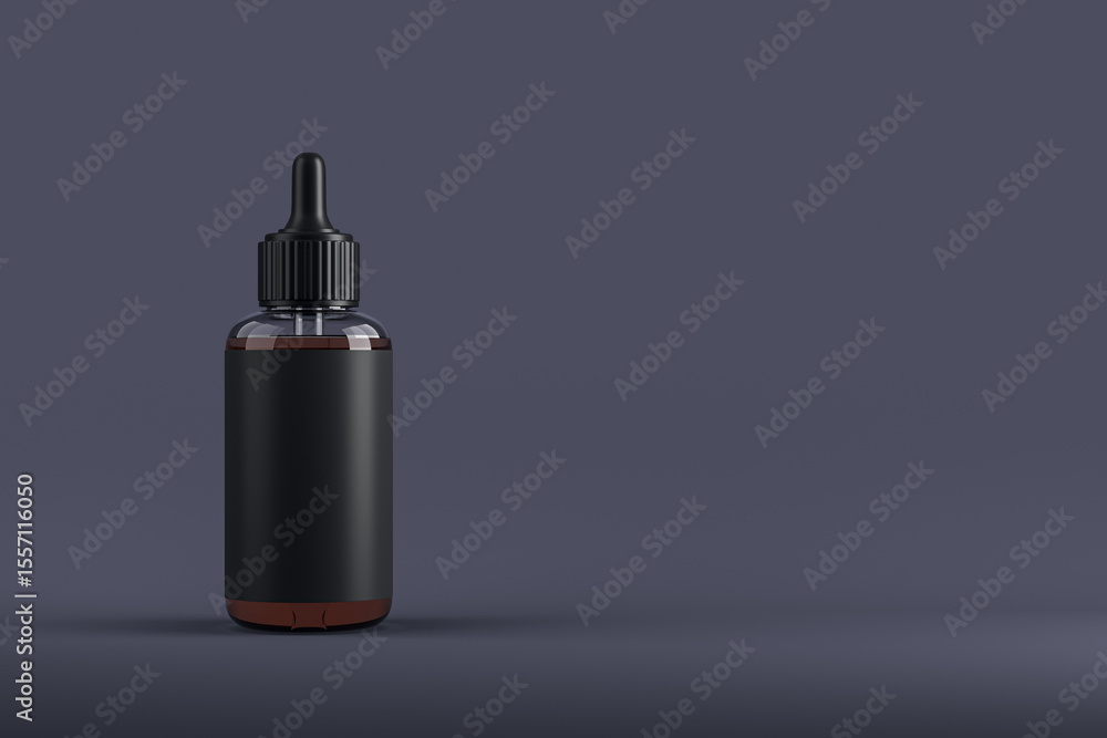 Fototapeta premium Black cosmetic dropper bottle mockup with blank label on dark background for branding or product design presentation template concept. 3D Rendering