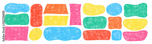 Set of liquid and rectangle shapes with organic texture of crayon, chalk or pastel . Stamps with freeform, oval ang square shapes. Color vector illustration on a white background.