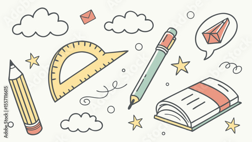 Illustration of school supplies including a pencil, protractor, pen, book, and other stationery items