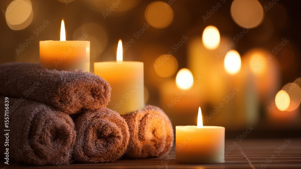 Cozy spa setup with neatly arranged plush brown rolled towels on bamboo surface, warm golden-yellow glow from three lit candles, soft bokeh background, serene relaxing ambiance. Cozy spa setup with neatly arranged plush brown rolled towels on bamboo surface, warm golden-yellow glow from three lit candles, soft bokeh background, serene relaxing ambiance.