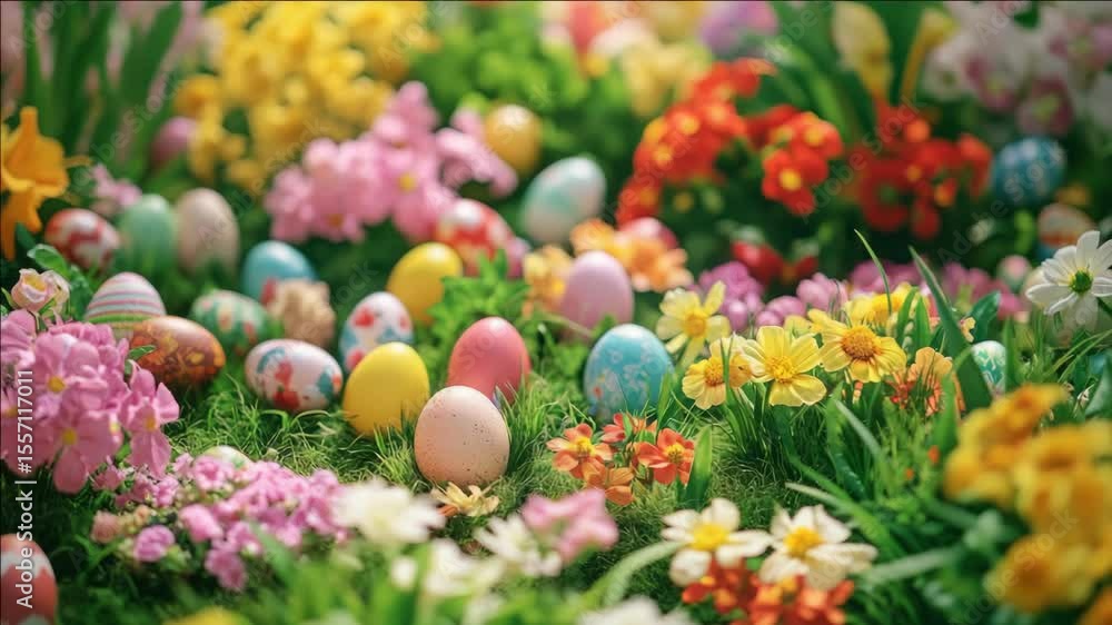 Vibrant pastel eggs in a lush garden setting Vibrant pastel eggs in a lush garden setting
