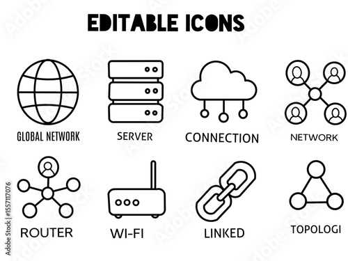 Network icon set of black-and-white outlined icons representing various digital network elements such as server, connection, Wi-Fi, and router, arranged in a minimalist grid.