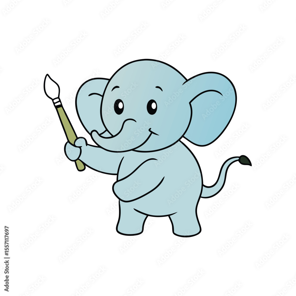 Adorable baby elephant artistically painting with its trunk holding a colorful paintbrush Adorable baby elephant artistically painting with its trunk holding a colorful paintbrush
