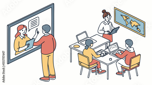 Illustration of a virtual meeting with participants and a teacher in a classroom setting with laptops