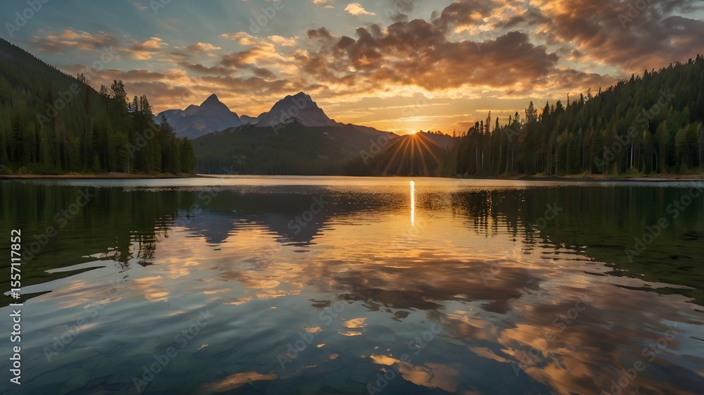 Fototapeta premium A stunning sunset over a serene mountain lake