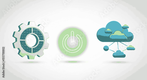 Cloud computing system startup, gear representing settings, power button activation.