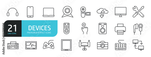 Set of line icons related to device, gadget, electronic. Outline icons collection. Editable stroke. Vector illustration