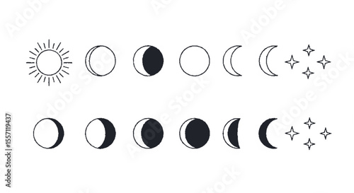 Celestial phases illustrated: sun, moon cycle, stars, graphic design.