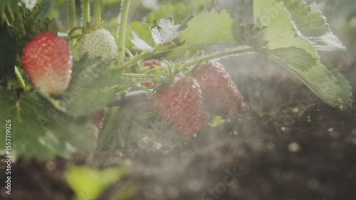 Slow motion spraying a strawberry bush with berries in the garden. Home gardening