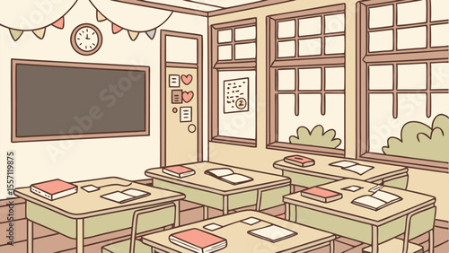 Illustration of a classroom featuring desks, a chalkboard, and windows with natural light coming in