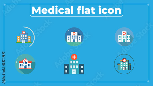 Collection of vector flat icons for healthcare, featuring hospital buildings
