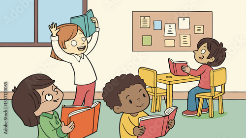 Illustration of children reading books in a classroom with a bulletin board and a window with light coming in