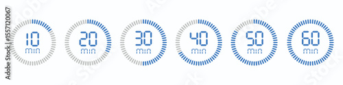 Timer, 10, 20, 30, 40, 50, 60 min. Stopwatch isolated set icons. Countdown timer symbol icon set. vector illustration.
