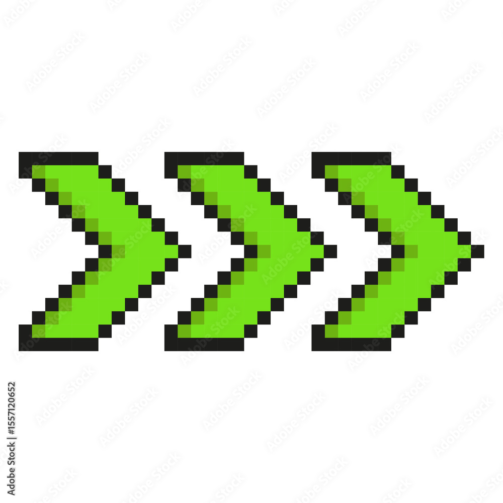 Fototapeta premium Three green arrows pixel art symbol isolated on a white background. 8 bit illustration.