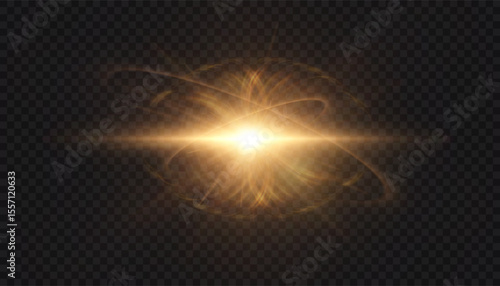 Abstract golden light effect with rays and glare and particle explosion effect on transparent background. Vector 10 EPS