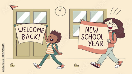 Illustration of students holding welcome back and new school year signs in front of the school building