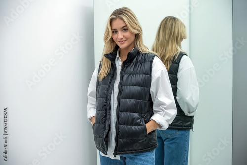 A young woman smiles while wearing a black puffer vest over a white shirt and jeans