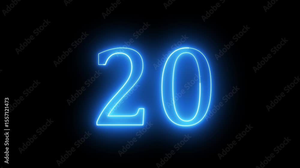 Glowing neon blue color 20 numbers countdown animation icon on black background. Glowing neon blue color 20 numbers countdown animation icon on black background.