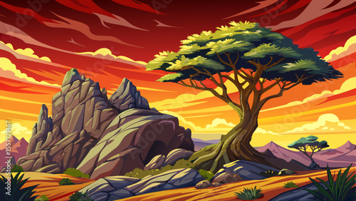 Safari and travel to Africa cartoon, extreme adventures or science expedition in a stone desert vector. Sahara desert at sunrise, mountain landscape, savanna landscape