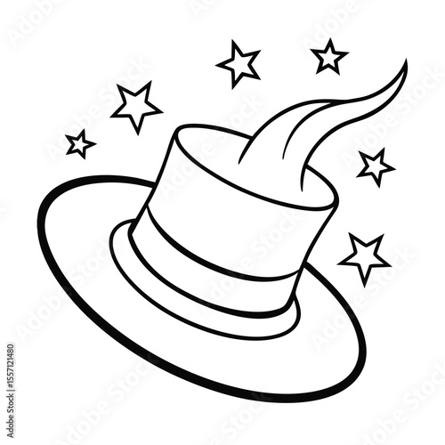 magician hat with swirling stars line outline