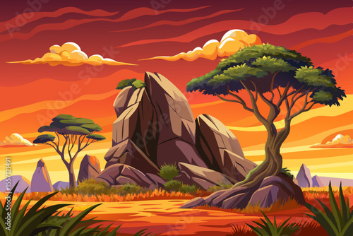 Safari and travel to Africa cartoon, extreme adventures or science expedition in a stone desert vector. Sahara desert at sunrise, mountain landscape, savanna landscape