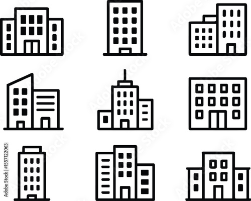 Modern Building Icons Set on Transparent Background Representing Urban Architecture and Real Estate