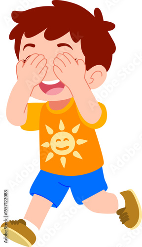 Kindergarten children's boy characters playing outdoors playing hide and seek
