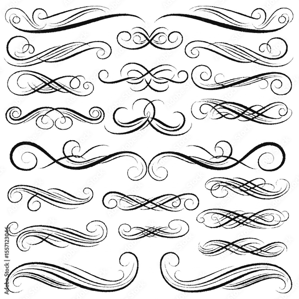 Collection of elegant, swirling, black-and-white decorative flourishes and dividers. Collection of elegant, swirling, black-and-white decorative flourishes and dividers.