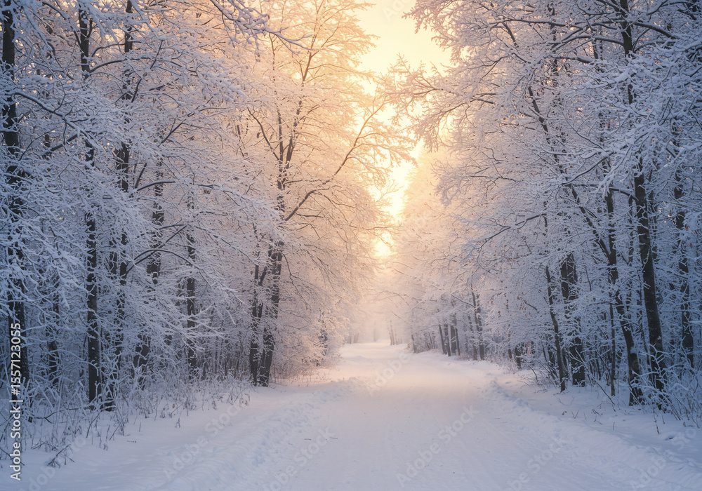 Obraz premium Misty winter forest with sunlight