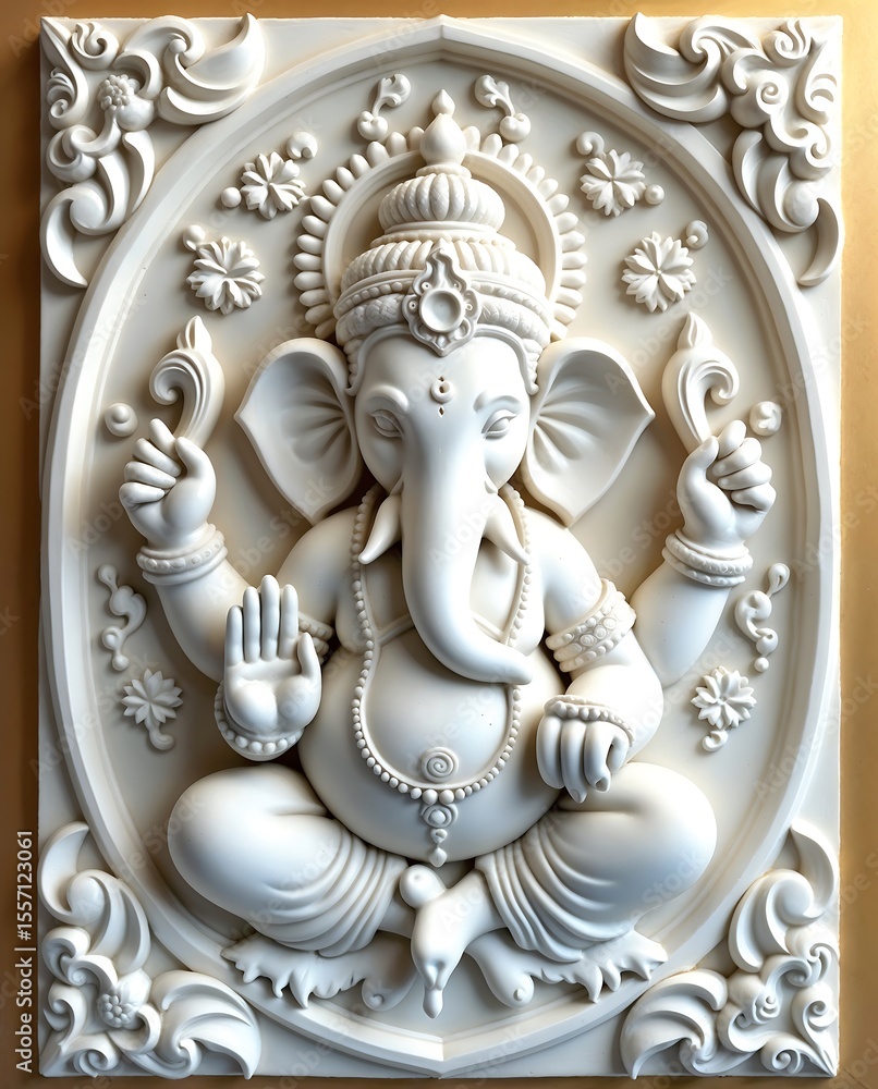 Fototapeta premium Handcrafted Golden Ratio Bas-Relief of Lord Ganesha – Museum-Quality White Plaster Sculpture with Ornate Motifs & Volumetric Carving – Luxurious Golden Background, 4K Studio Photography (Classical, Se