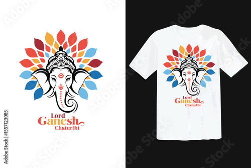 Lord Ganesha Chaturthi T shirt Design with Colorful Floral Background and White T shirt Mockup