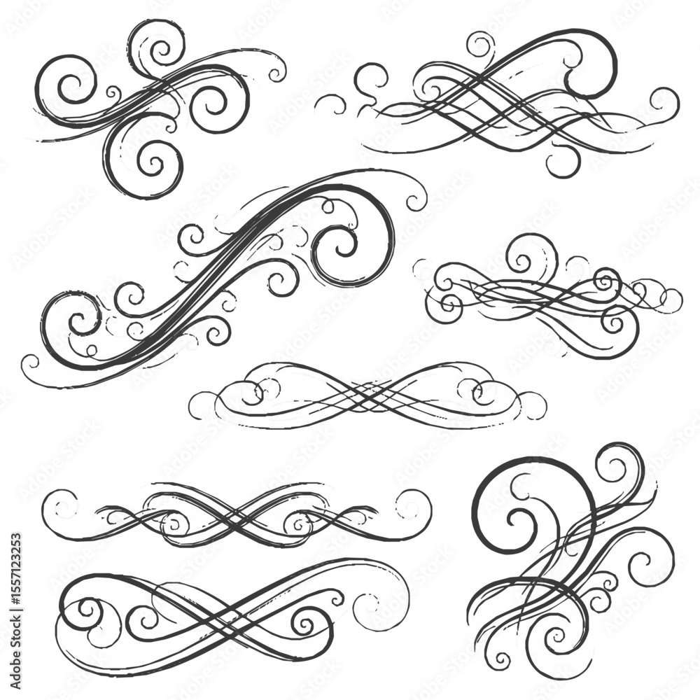 Collection of elegant, swirling, hand-drawn, decorative design elements in black. Collection of elegant, swirling, hand-drawn, decorative design elements in black.