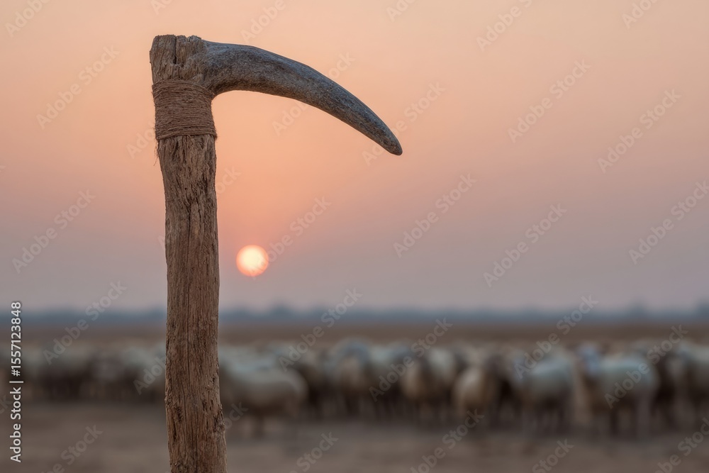 Fototapeta premium Gnarled shepherd's staff silhouettes against a dusky sky, whispering pastoral secrets of Eid al-Adha and pastoral traditions