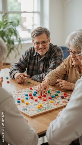 A group of seniors playing a board game with colorful pieces on a wooden table in a bright room setting