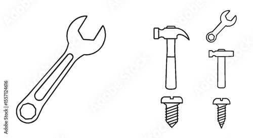 Simple line drawings of common hand tools: wrench, hammer, bolts, and screws.