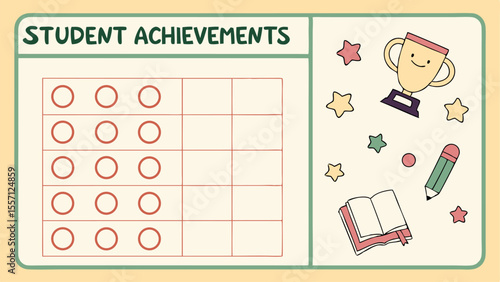 Student achievements chart with circles, a trophy, stars, a pencil, and a book on a beige background