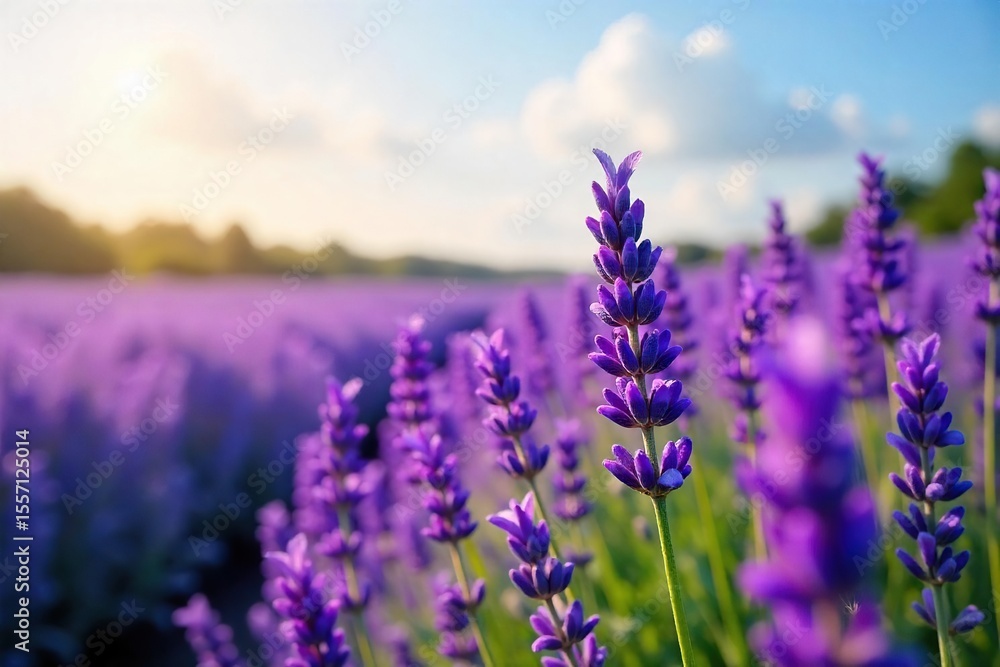 Obraz premium Serene Lavender Field Purple Blossoms Swaying Gently in Summer Breeze, Stunning Natural Landscape Perfect for Relaxation and Aromatherapy