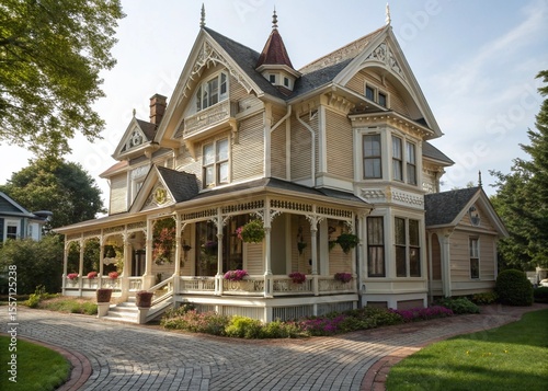 An elegant Victorian house with intricate wooden trim and ornate details, featuring a steeply pitched roof, decorative gables, and tall, narrow windows with stained glass